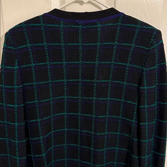 St. John Collection Marie Gray Plaid Knit Cardigan Gold Crest Buttons Size Small